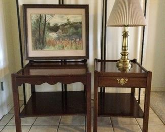 Left To Righ, Top To Bottomt:  Jim Jones Signed Oil On Canvas 'Landscape' (24"w x 22"h):  $150.00.  Brass Table Lamp w/Accordian Shade (28" Tall):  $95.00.  Mahogany Hickory Chair Co. Historic James River Plantation Collection.  Side Table (22"h x 24"w x 24"d):  $200.00.  End Table w/drawer by Same Maker.  (23"h x 18"w x 24"d):  $180.00