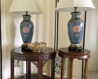 Left to Right:  Ceramic, Brass and Wood Asian Influenced Table Lamps (32"h):  $290.0.  Drexel Stylish Antique Round Side Table w/Stretcher (22"h x 24"dia.):  $200.00.  Lane Round Side Table w/Stretcher (23'h x 15.5" dia.):  $110.00