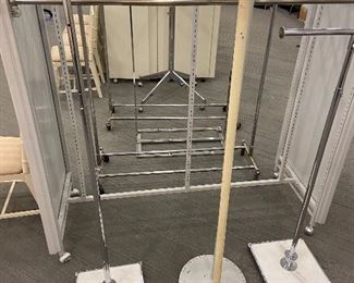 Hanging racks, T bars, rolling racks, circular garment racks.