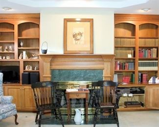 Pair of Black Lacquer University of Wisconsin Chairs, Antique 1 Drawer Stand