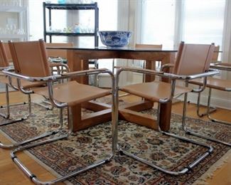 Large Glass Dining Table with 8 Mid Century Modern Style Leather Sling Chairs