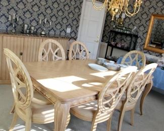 Dining Table with 2 Leaves and 6 Chairs, Marble Top Buffet, 