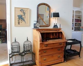 Double Bird Cage, Antique Cylinder Desk, Wooden Tea Cart