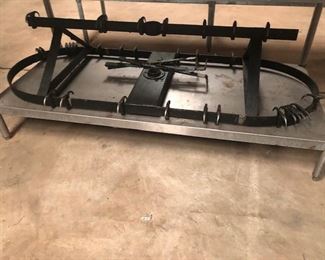 Huge cast iron vintage hanging pot rack from the restaurant. Needs sandblasted and repainted. Very heavy.