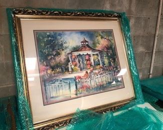 Large original Phoebe DeVaughn painting of the gazebo and pool behind the hotel