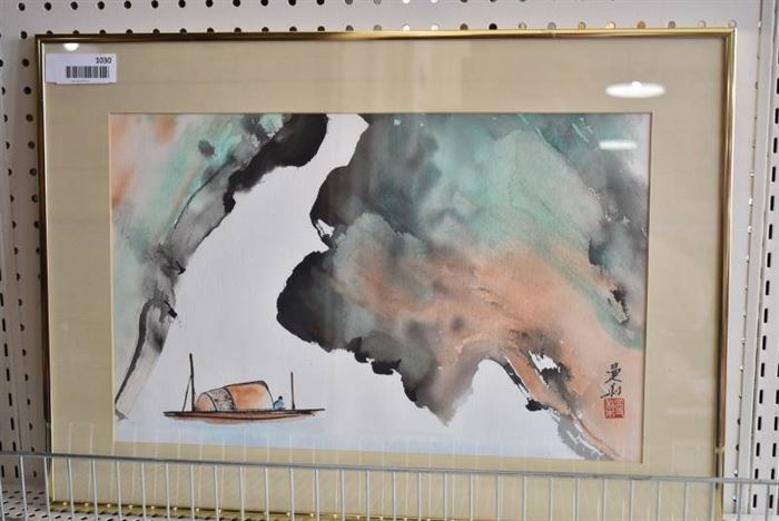 Landscape and Boat | Sumi Ink | Anita Wong | Gold Tone Metal | 17.25" x 24.25"