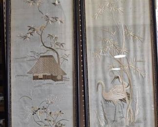 Crane and Cottage | Silk Embroidered Panel | Vintage 1962 | Pair Wood Frames | 14.25" x 37.5"