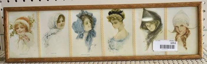 Set of 6 Lady's Portraits | Postcards | Harrison Fisher | Vintage Gold Wood Frame | 6" x 21.75"