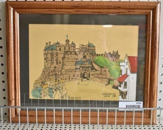 Edinburgh Castle | Pen and Inc Hand Colored | Signed | Wood Frame | 13.5" x 16.5"