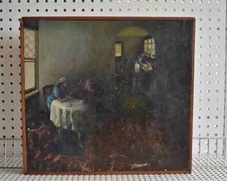 Women in Interior Scene | Oil on Board | Wood Frame | 16" x 14.5"