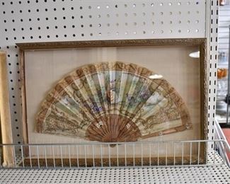 Woman and Greyhound | Hand Painted French Silk Fan | Mounted in Gold Tone Wood Shadow Box. | 13.75" x 27.5" x 1.75"