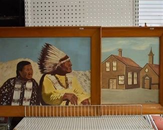 Lot of 2 Folk Art | Tempera on Board | W. L. Thomas | Vintage Wood Frames | 22.75" x 28.5"