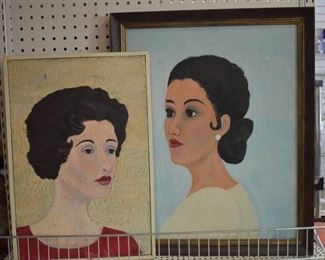 Lot of 2 Portraits | Tempera on Canvas | J. Johnson 1967 | Vintage Wood Frames | 13" x 18.5", 18" x 22.25"