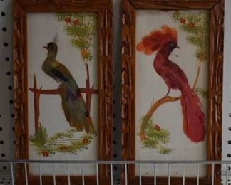 Pair of Folk Art Birds | Dyed Feathers and Tempra | Made in Mexico | Vintage Wood Frames | 6.5" x 12.75"