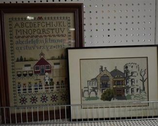 Sampler and Castle | Cross Stitch | Metal and Vintage Wood Frame | 15" x 12", 14" x 18.75"