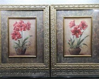 Lot of 2 Red Floral Trimmed in Ivy | Prints | Vivian Flasch | Matching Gold Tone Frames | 19.5" x 23.5"
