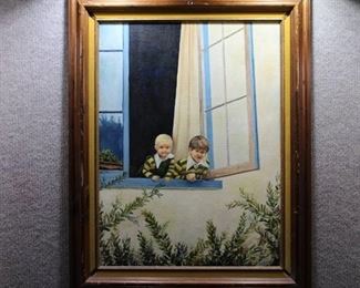 The Greeting | Oil on Canvas | M. Atkins 1978 | Vintage Wood Frame | 23.5" x 29.5"