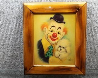 Clown and Puppy | Resin covered Print | K. Chin | Wood Frame | 13.5" x 11.5"