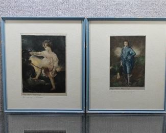 Lot of 2 "Girl with Dog" and "Blue Boy" | Engraving on Silk | T. Lawrence, Gainsborough | Blue Frames | 12.5" x 14.75"