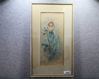 Woman in Blue Dress | Watercolor | Irene Underwood | Grey Wood Frame | 28" x 16"