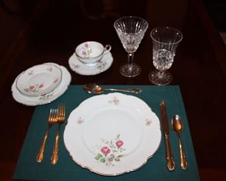 dinner time! Saladmaster Bavaria "Heirloom" china, Waterford "Maeve" claret and stemmed iced tea; "Wedding Day" stainless flatware