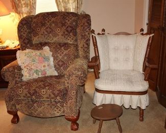 Lay-z-Boy upholstered recliner; "Early American" platform rocker