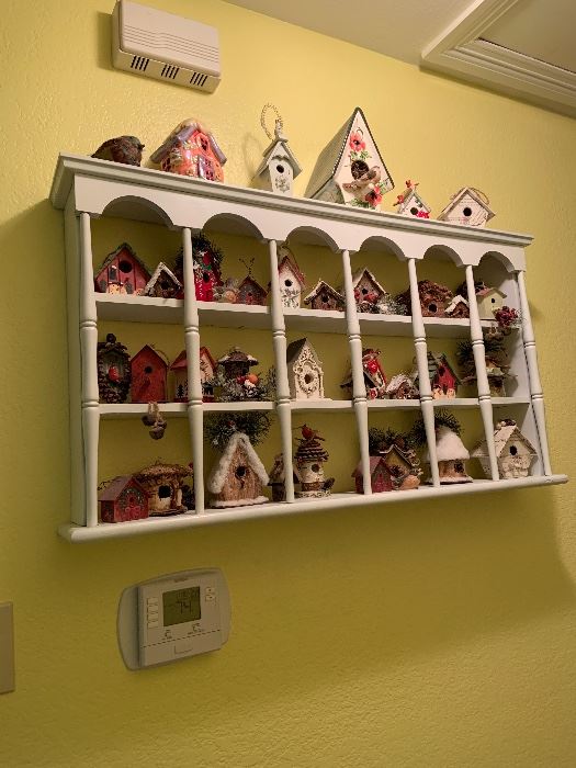 Tea Cup display shelf with birdhouses
