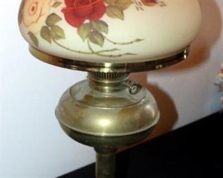 Antique Brass And Glass Hurricane Lamp With Floral Frosted Glass Shade, 27" Tall