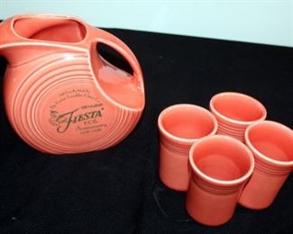 Homer Laughlin Fiesta Persimmon 60th Anniversary Disc Pitcher With Four Matching Cups