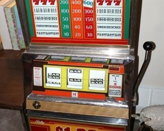 Bally Silver Dollar Slot Machine, Model 1090-E, 46" x 21.25" x 18.5" Lights Up But Reels Don't Spin, Needs Repair, Includes Stand 18" x 24" x 18"