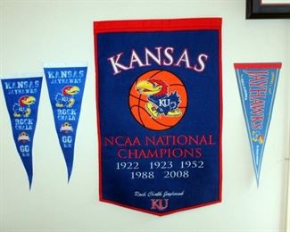 Kansas National Champions Pennant From 2008, 37.75" x 24", With 3 Smaller KU Pennants