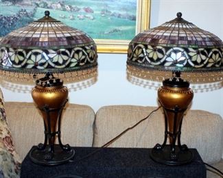 Stained Glass Style Table Lamps With Beaded Iridescent Shades And Claw Feet, Qty 2, 24" Tall x 16" Round, Includes 24" Round Side Table