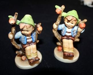 M. J. Goebel Hummel Ceramic Figures, Qty 3, Apple Boy - Marked West Germany Number 1423-0 & Apple Girl Number 1473-0, With Hand Bell, Approx 4" Tall