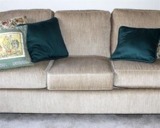 Justice Furniture Upholstered Three Cushion Couch, 32" x 85" x 35", Made In USA, Includes Throw Pillows