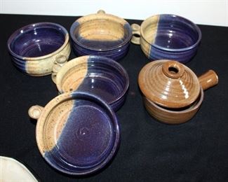 Pottery Collection Including "Cecil" Signed Bowls With Handles Qty 4, Signed "Cow Pie" Pie Plate, And Deep Dish Pie Plate With Unknown Mark