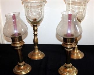 Brass And Glass Hurricane Candleholders Qty 4, 19.75" And 18.25" Tall