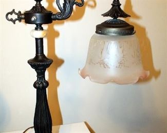 Victorian Style Black Metal Lamp With Glass Etched Pink Edged Shade, 26.5" Tall