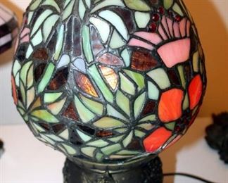 Egg Shaped Leaded Glass Style Lamp 15" Tall, And Leaded Glass Lamp With Metal Base 14.5" Tall