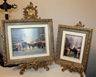 Ornately Framed Canvas Prints Of Street Scenes With Metal Easels, Qty 2, Prints Measure 12" x 10" And 13" x 15"