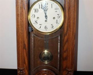 Wood Cased Key Wound Wall Clock With Etched Glass Front And Westminster Chimes, Heavy Item, Made In USA, Labeled 0720, With Key