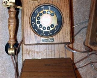 Reproduction Oak Wall Phone With Rotary Dial, And Vintage Ringer Box