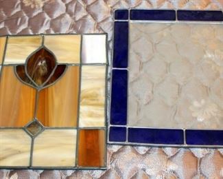 Leaded Stained Glass Window Hangings, One With Blue And Etched Clear Glass 13" x 11", And One With Opaque Earthtone Colors 11.75" x 10.5"