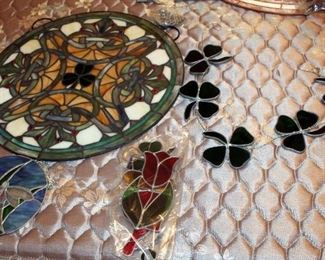 Stained Glass Decor Including 18.5" Round With Irish Theme, Shamrock Sun Catcher (Needs Repair), 6.5" Round Dragonfly, And Floral Suncatchers