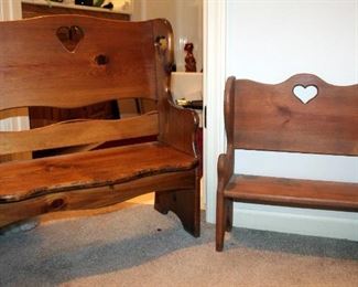 Pine Benches With Heart Cutouts, Qty 2, 26" x 23.75" x 11.5" And 19" x 17.5" x 7.5"