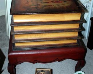 Foxhunting Theme 4-Book Pedestal Storage Accent Table 22.25" x 21.5" x 17", Takahashi Bookends Qty 3, Trivets Qty 2, Coaster Assortment