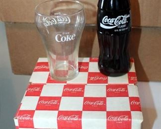 Coca Cola Collection Including 4-Piece 14 Oz. Double Rocks Glasses, New In Box, Original Classic 8 Oz. Coca Cola Filled Bottle, And Coca Cola Glass