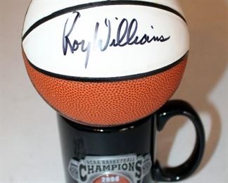 Mini Big 12 Tournament Basketball Signed By Roy Williams With NCAA 2008 Basketball Champions Coffee Mug