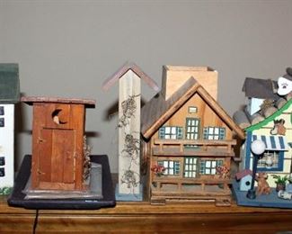 Decorative Wood Birdhouses, Qty 5, Includes Pet Shop And Outhouse, Range In Size From 9.25" x 3.5" To 6.25" x 4.75"