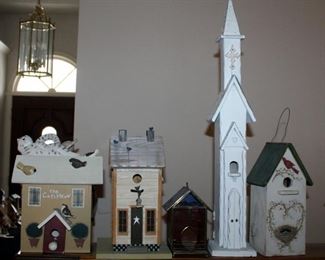 Decorative Wood Birdhouses, Qty 4, Tallest Measures 29.5" x 5" Church, And Stained Glass Birdhouse 7.5" x 5.5"