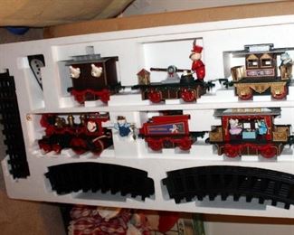 Christmas Magic Battery Operated Train With 5 Cars, Track, And Remote, Ceramic Snowman Platter, Wood Santa Bench, And More